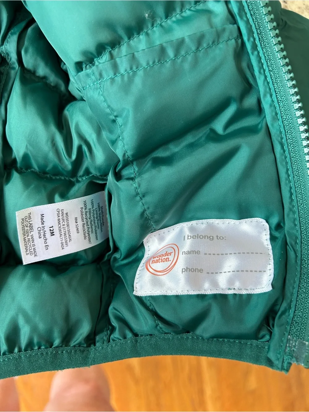 wonder nation 12 month Teal Hooded Puffer Jacket with Yellow Zip Pull